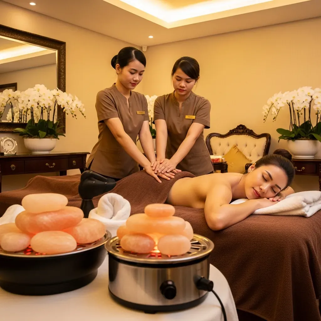Hai kỹ thuật viên massage 4 tay cho khách tại Kim Spa, đá nóng Himalaya ở phía trước.