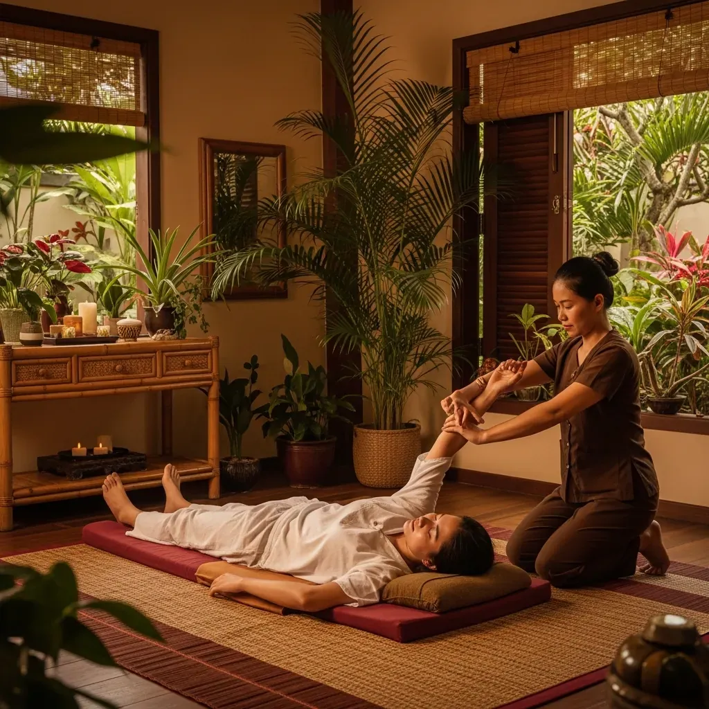 Người Việt nằm trên sàn tre, được kỹ thuật viên massage Thái kéo giãn trong phòng spa ấm cúng.