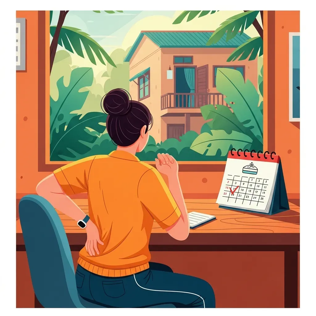 Nhân viên văn phòng người Việt đang xoa lưng đau mỏi, bên cửa sổ nhà ống nhiệt đới, lịch làm việc có đánh dấu ngày đi massage.