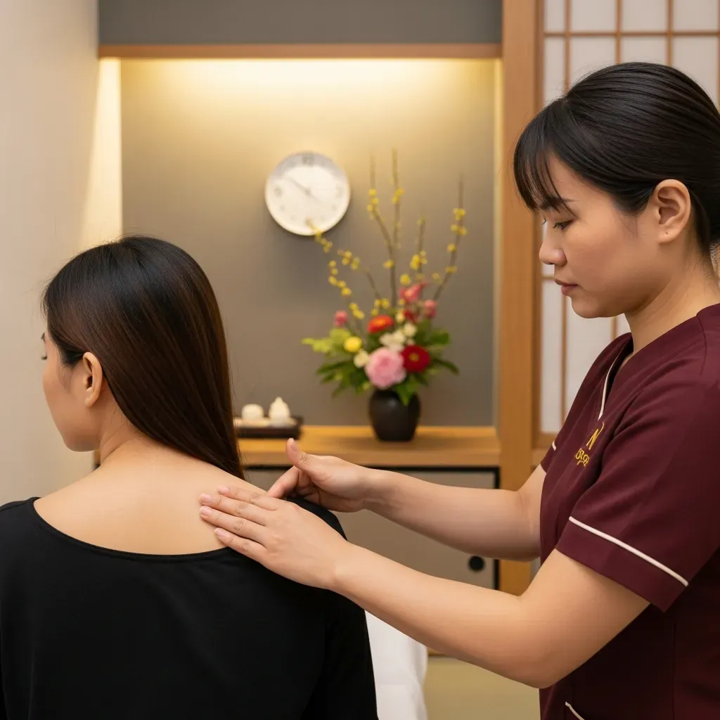 Nhân viên văn phòng người Việt được ấn huyệt Shiatsu tại N Spa, đồng hồ chỉ giờ tan làm.