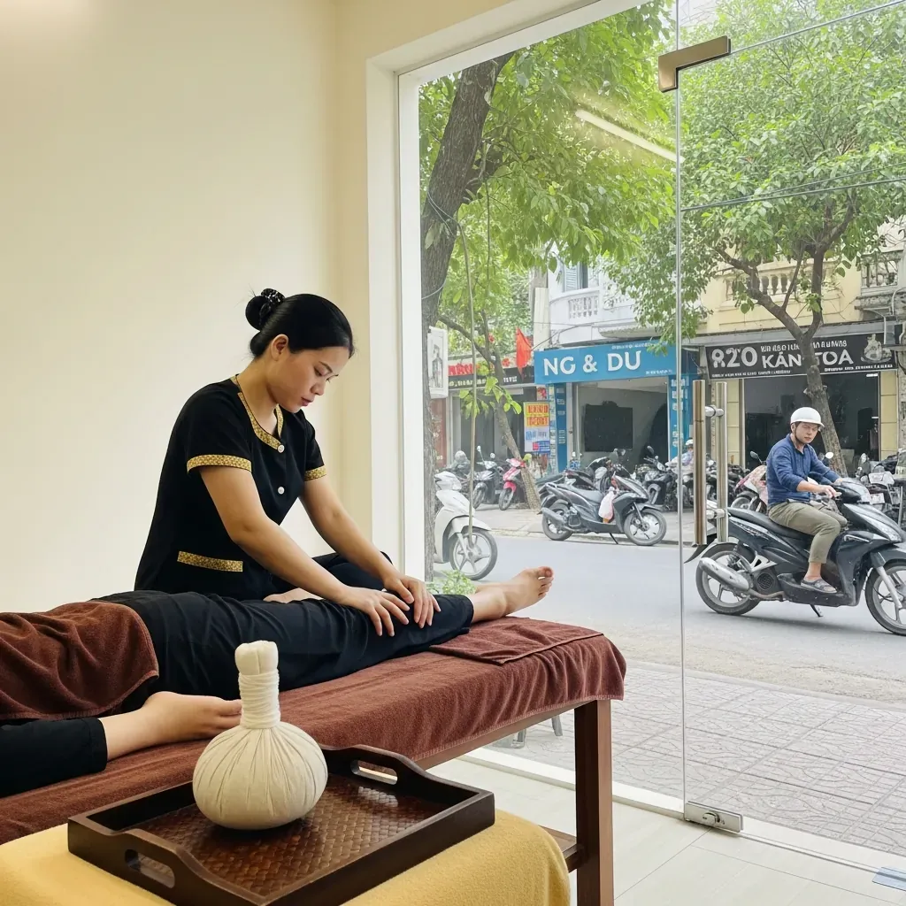 Phaya Thai Spa: Kỹ thuật viên massage Thái với túi thảo dược ấm, bên ngoài đường phố Việt Nam.