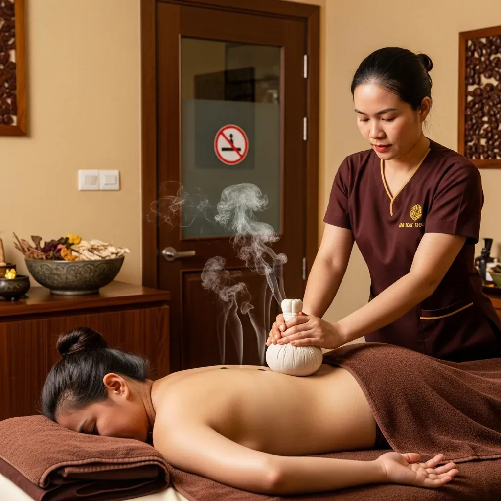 Trị liệu Đông y với túi thảo dược ngải cứu, xuyên khung đặt trên lưng khách, phòng spa có ô kính trong suốt.