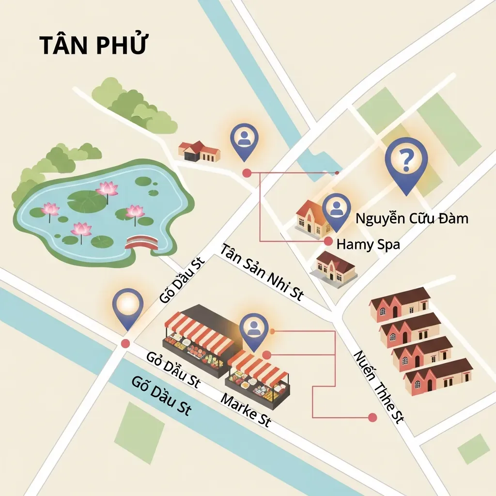 Bản đồ minh họa vị trí ba cơ sở massage uy tín tại quận Tân Phú với ghim đánh dấu.