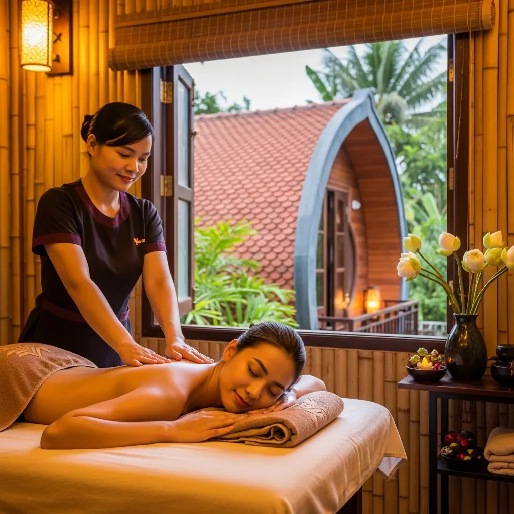 Cảnh massage body tại spa Việt Nam ở quận Tân Phú, nữ khách hàng người Việt được trị liệu lưng trong không gian ấm cúng.