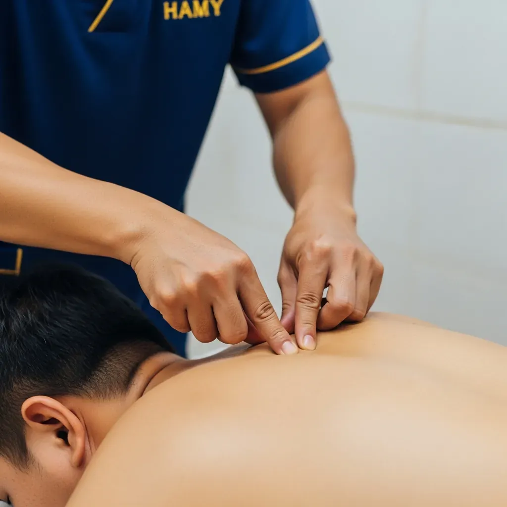 Đôi tay của kỹ thuật viên khiếm thị bấm huyệt chính xác vào điểm đau trên lưng khách hàng người Việt.