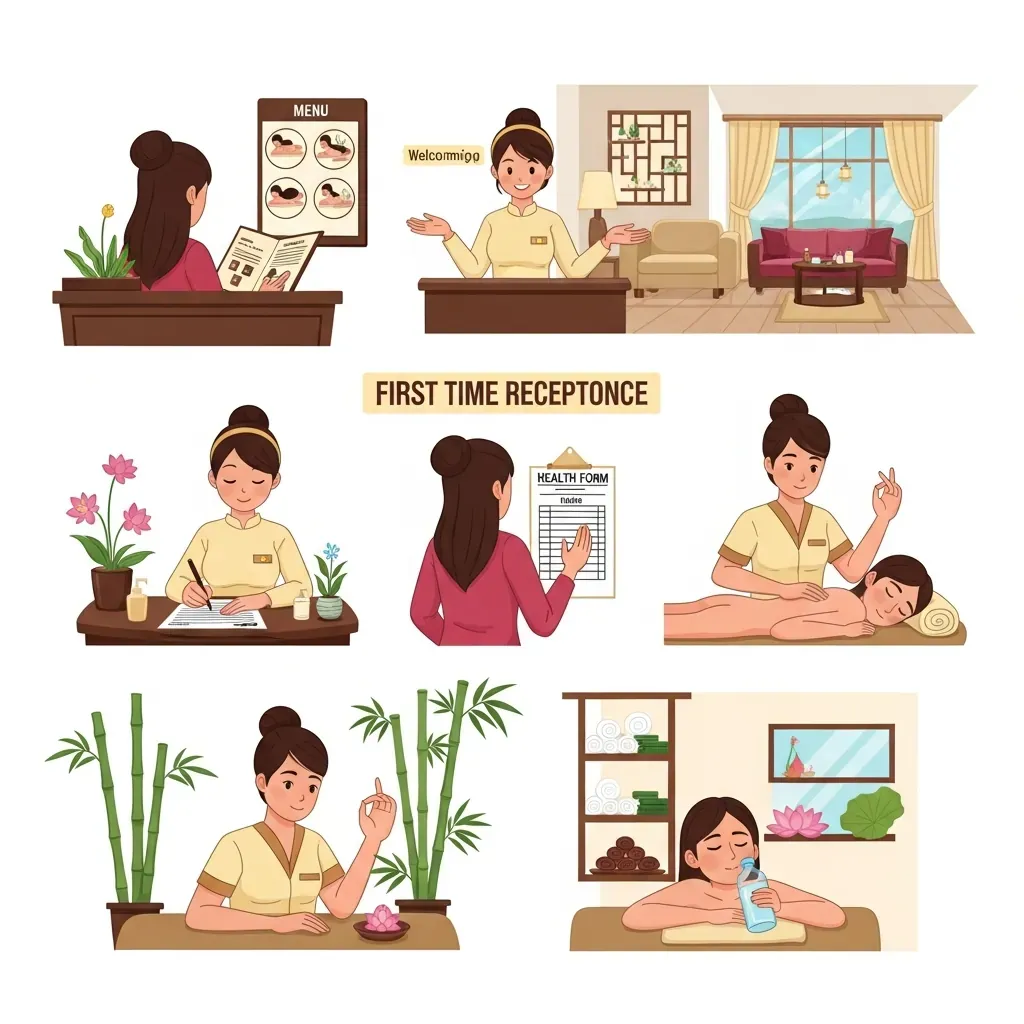 Hướng dẫn trực quan từng bước cho lần đầu đi massage body tại spa, với người Việt và không gian spa chuyên nghiệp.