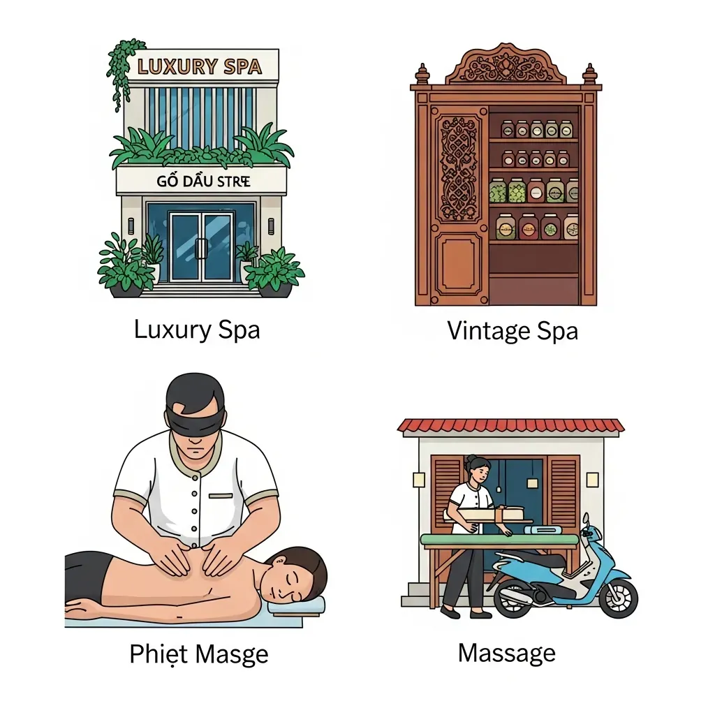 Infographic so sánh bốn cơ sở massage uy tín tại Tân Phú bằng biểu tượng hình ảnh.