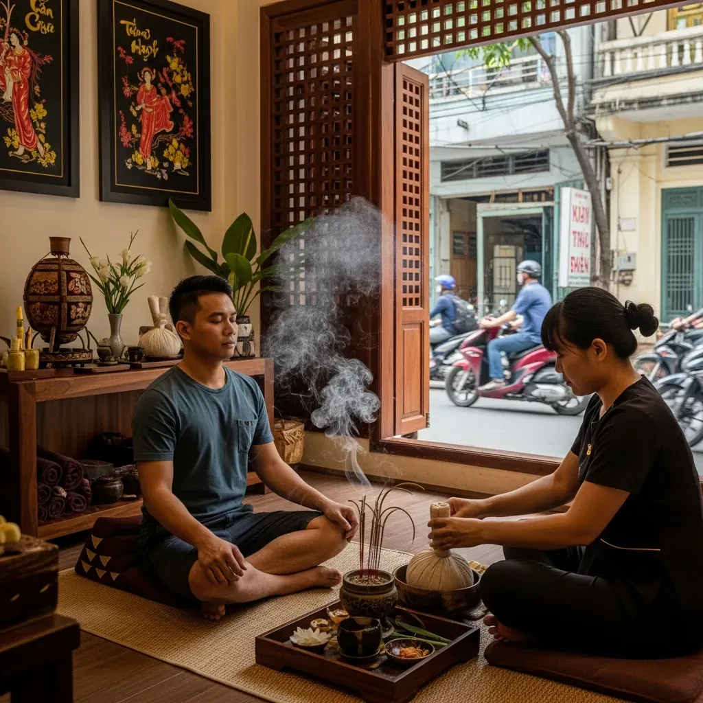 Khách hàng nam người Việt trải nghiệm liệu pháp dưỡng sinh Đông y tại spa ở Tân Phú.