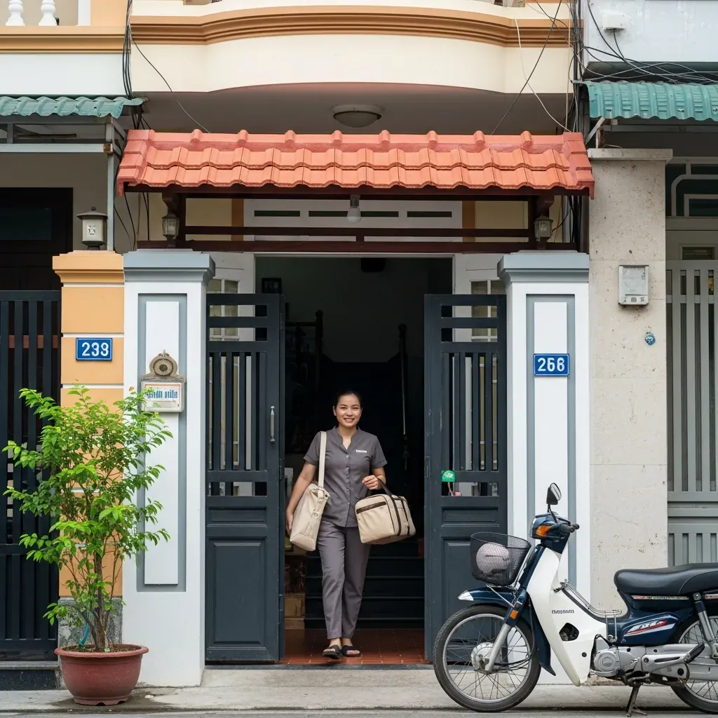 Kỹ thuật viên massage mang dụng cụ đến tận nhà tại một căn nhà ống ở Tân Phú, thể hiện dịch vụ tại nhà tiện lợi.