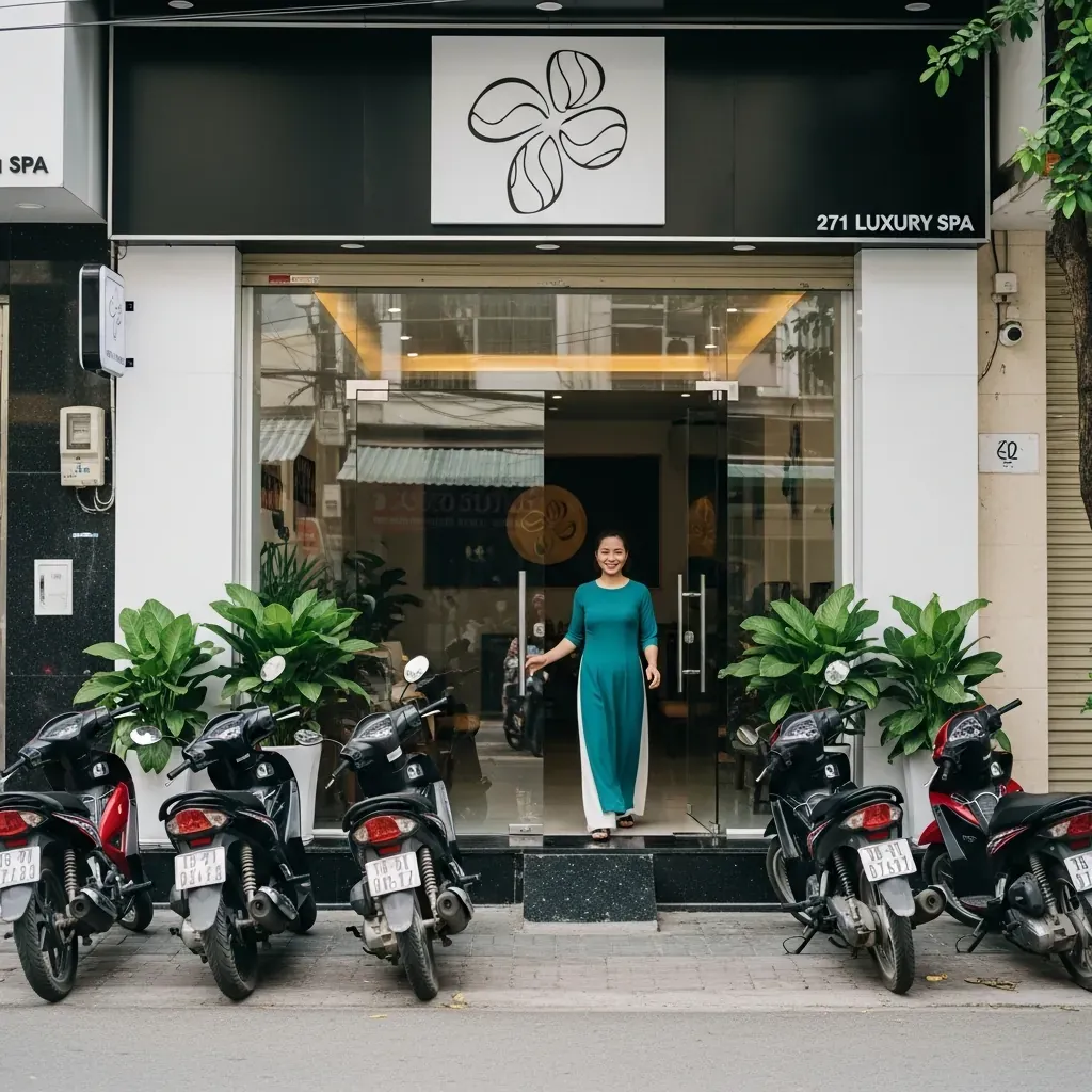 Mặt tiền QueenPearl Luxury Spa trên đường Gò Dầu, quận Tân Phú, với khách hàng nữ người Việt.