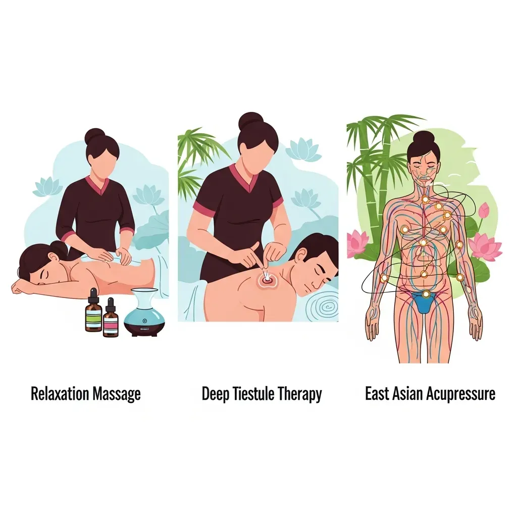 Minh họa so sánh ba loại massage: thư giãn, trị liệu, dưỡng sinh qua biểu tượng trực quan.