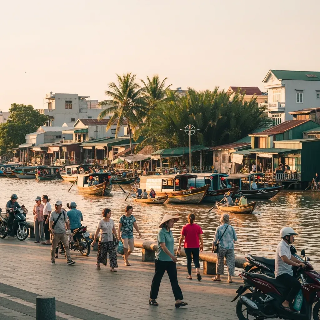 Bến Ninh Kiều Cần Thơ lúc hoàng hôn với thuyền và người dân địa phương