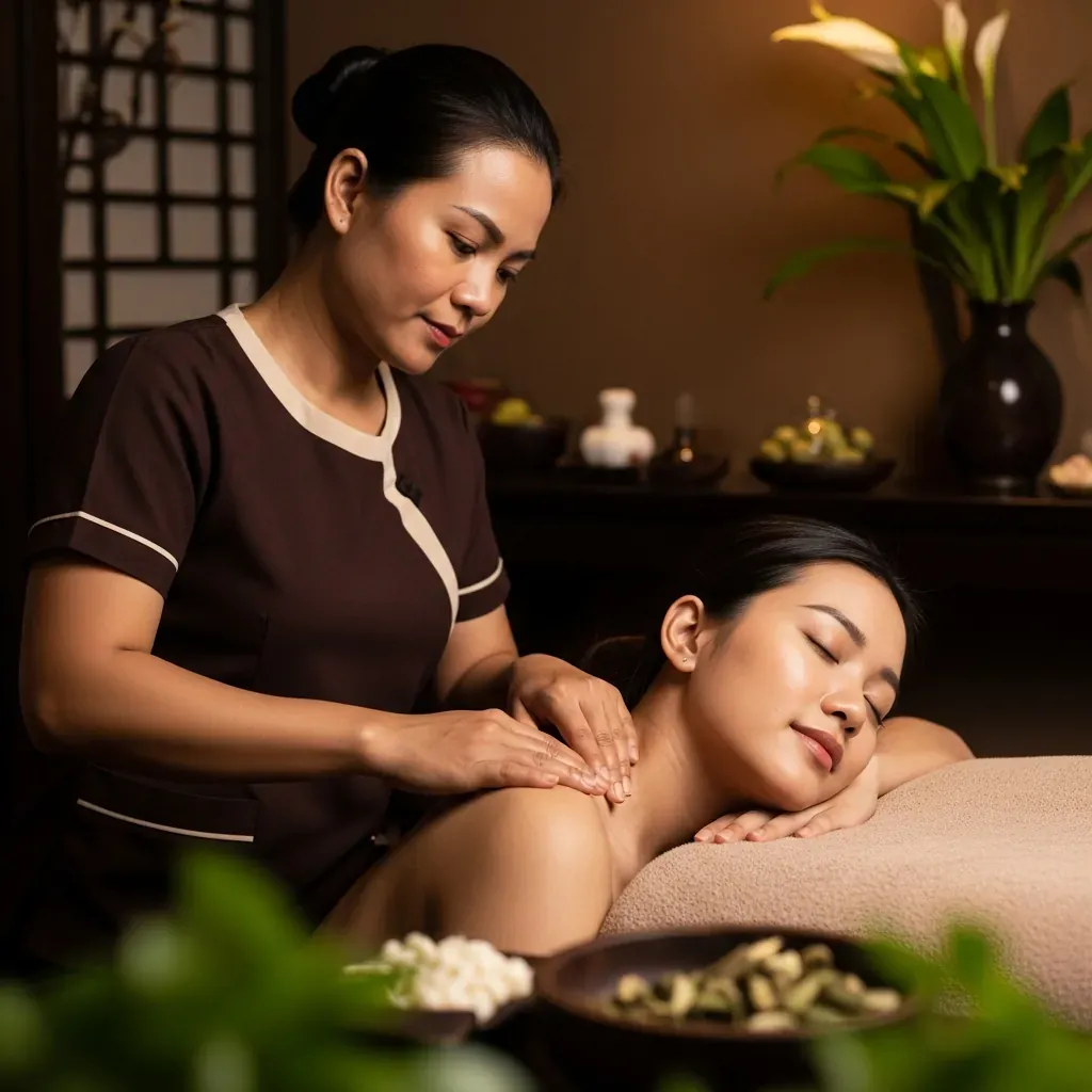 Kỹ thuật viên ấn huyệt trị liệu vai gáy cho khách người Việt tại Healing Spa