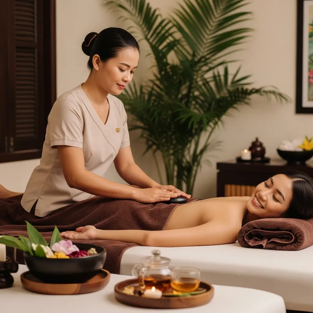 Kỹ thuật viên người Việt massage chân kết hợp đá nóng cho khách tại Mekong Foot & Body