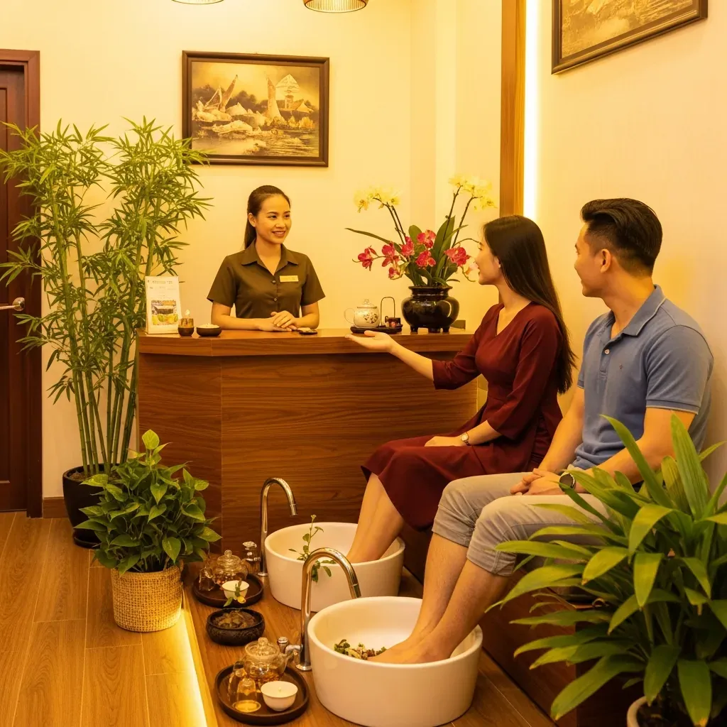 Quầy lễ tân spa massage ở quận Ninh Kiều Cần Thơ với nhân viên người Việt đón khách