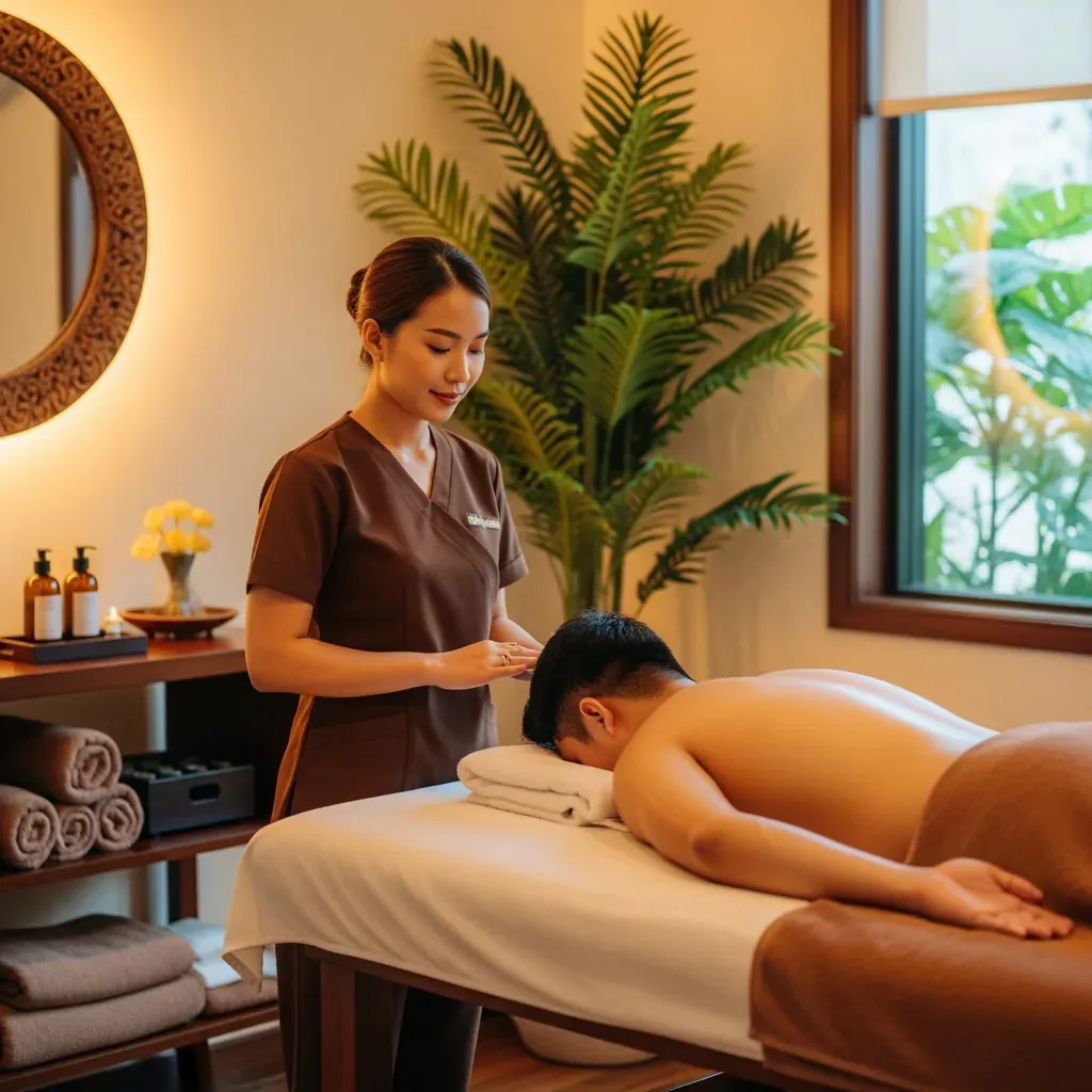 Kỹ thuật viên người Việt trao đổi với khách trước buổi massage trong phòng sạch sẽ