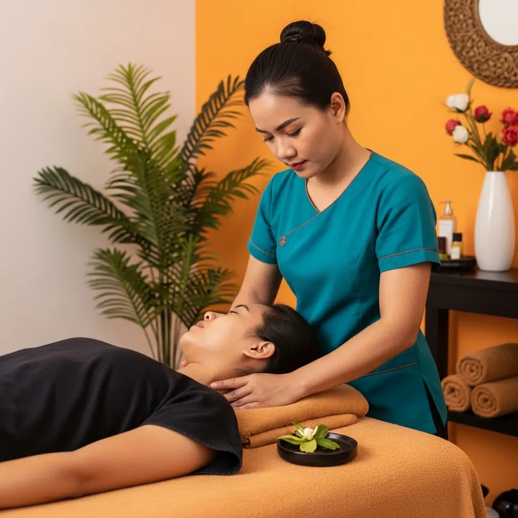 Kỹ thuật viên trị liệu vùng cổ vai gáy cho khách