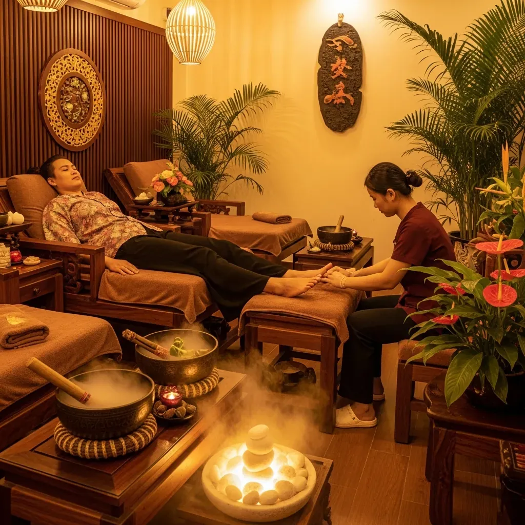 Không gian trị liệu cổ truyền với bấm huyệt chân, thảo dược và ánh sáng ấm.