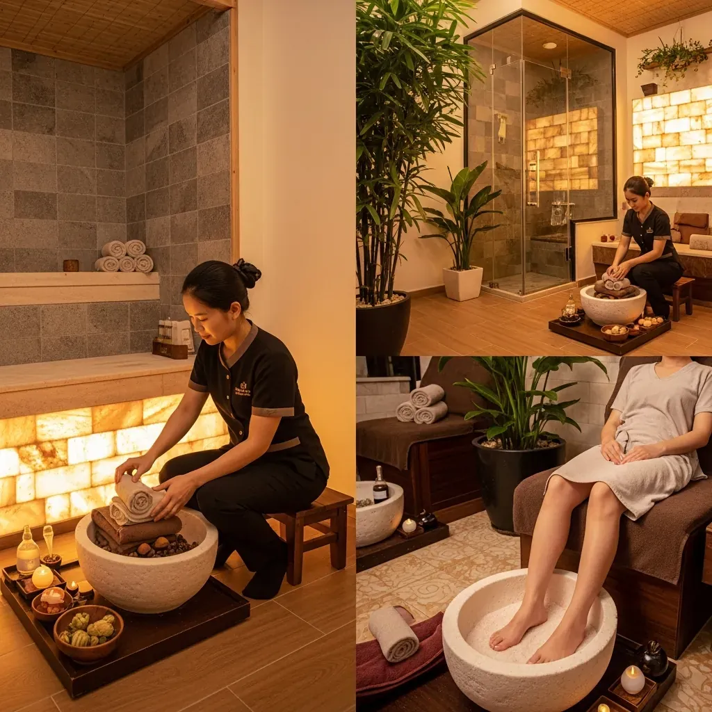Không gian yên tĩnh với xông hơi đá muối và bấm huyệt chân.