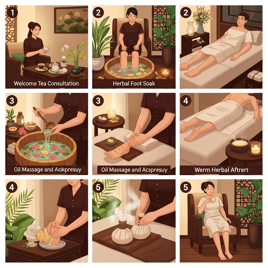 Minh họa quy trình massage chân gồm tư vấn, ngâm chân, bấm huyệt, chườm nóng và nghỉ ngơi.