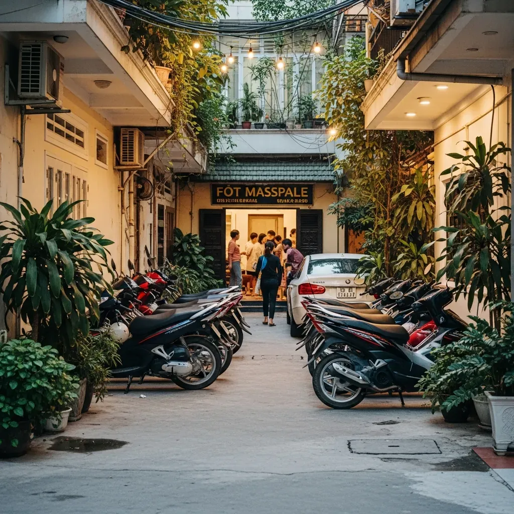 Một cơ sở massage chân trong ngõ Đống Đa với khu vực đỗ xe rộng và không khí thân thiện.
