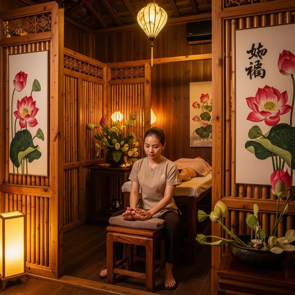 Phòng massage riêng tư phong cách dân gian với kỹ thuật viên đang chăm sóc bàn chân khách.