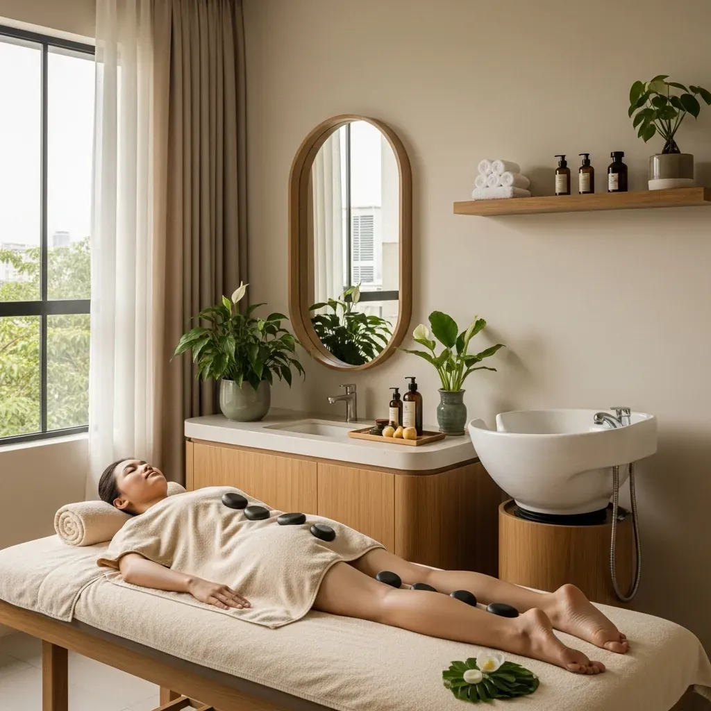 Spa hiện đại tối giản với liệu pháp đá nóng và chăm sóc thư giãn toàn thân.