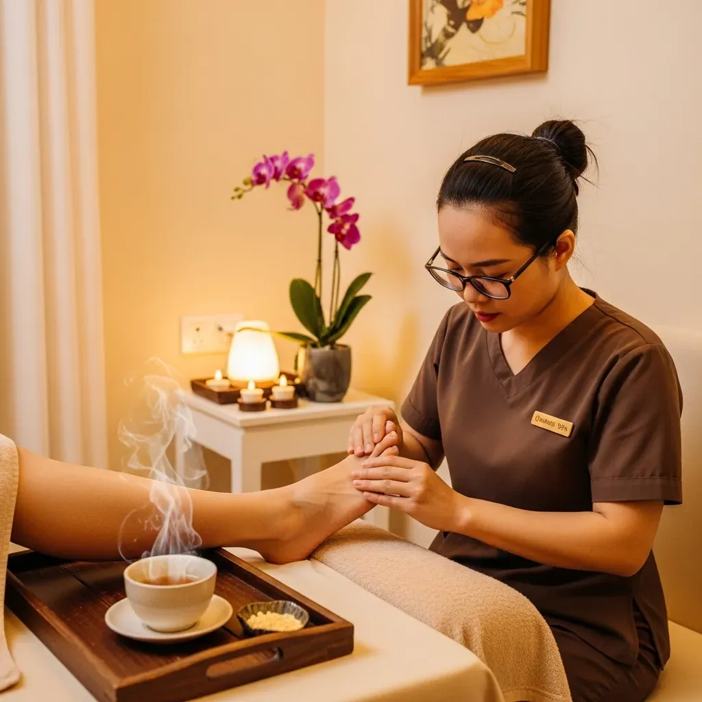 Buổi massage chân tại Omamori Spa với kỹ thuật viên khiếm thị trong không gian tối giản, ấm cúng.