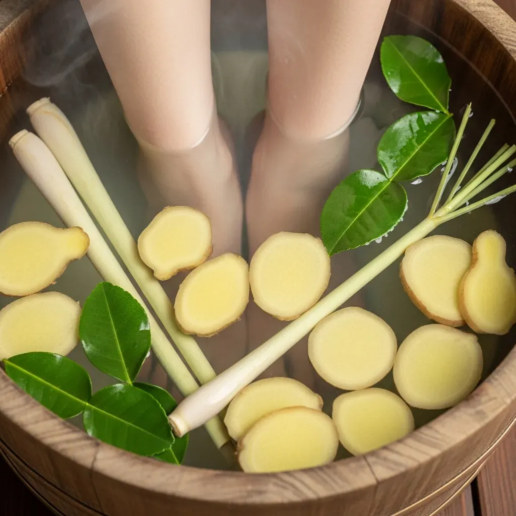 Chậu ngâm chân thảo dược với gừng, sả, nước ấm bốc hơi.