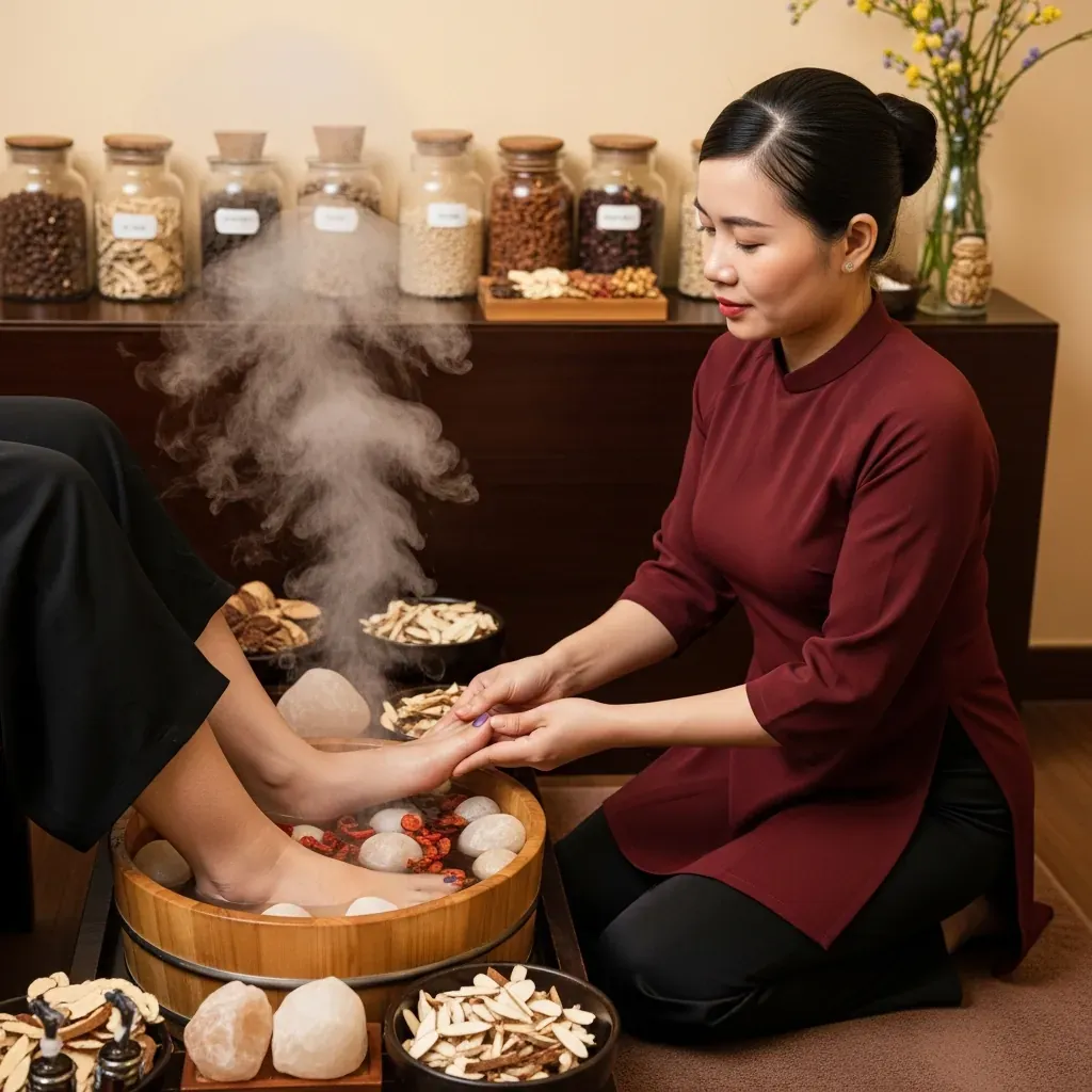 Chậu ngâm chân thuốc bắc tại Hoa Mộc Tâm An, chuyên gia Đông y đang kiểm tra chân khách.