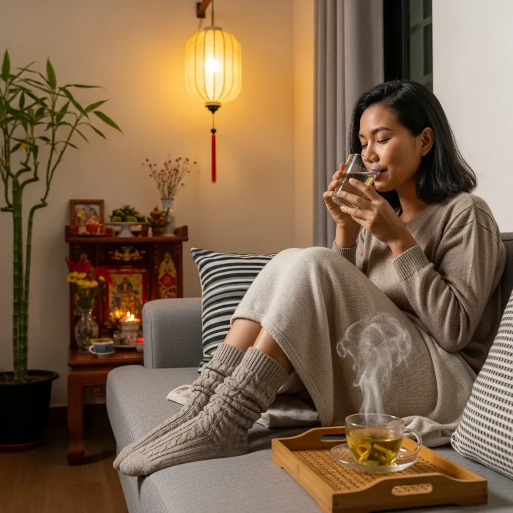 Người phụ nữ Việt Nam thư giãn sau massage, uống nước ấm và giữ ấm chân.