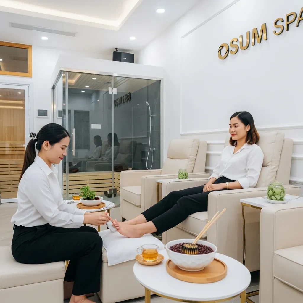 Nhân viên văn phòng Việt Nam thư giãn tại Osum Spa, được massage chân và có cháo, trà miễn phí.