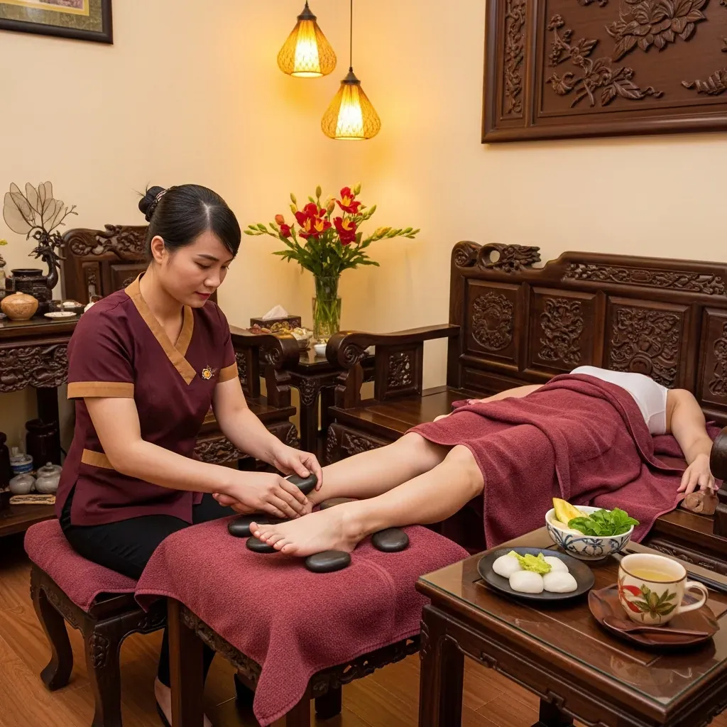 Phòng massage phong cách Đông Dương tại Tràng An, kỹ thuật viên dùng đá nóng trị liệu cho khách.