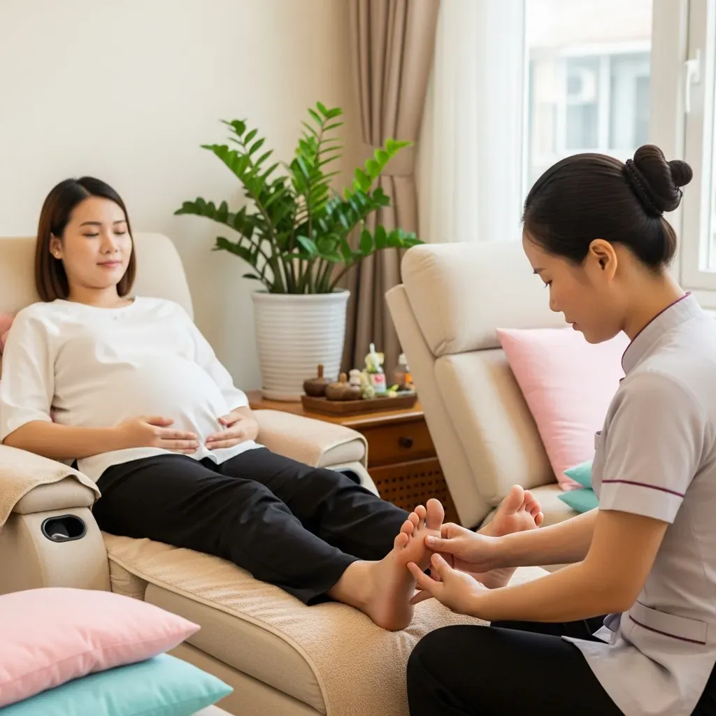 Phụ nữ mang thai người Việt được massage chân nhẹ nhàng trong không gian spa.