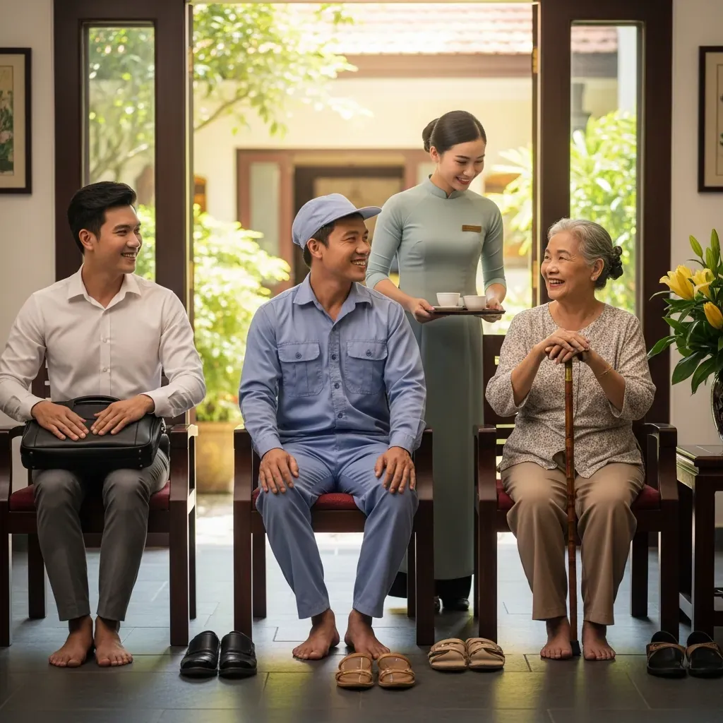 Ba người Việt Nam thuộc các nhóm nghề khác nhau đang thư giãn tại khu vực chờ của spa massage chân.