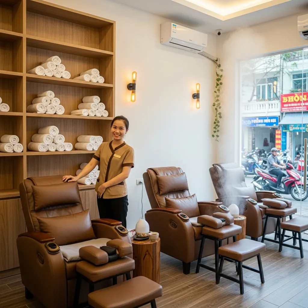 Bên trong tiệm The Wind Massage & Spa với ghế massage da sạch sẽ, kỹ thuật viên đang chuẩn bị chỗ cho khách.