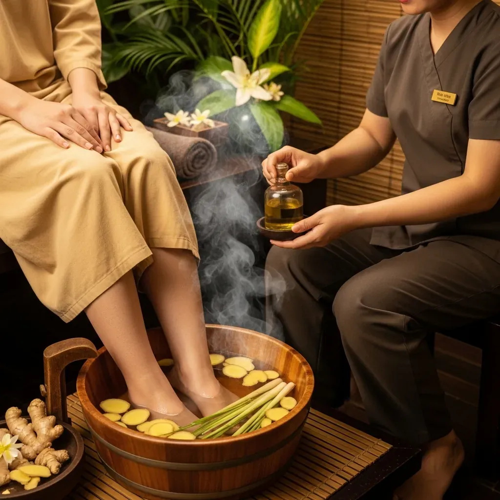 Khách hàng Việt Nam ngâm chân trong chậu gỗ thảo dược ấm, hơi nước bay lên, không gian spa dịu nhẹ.