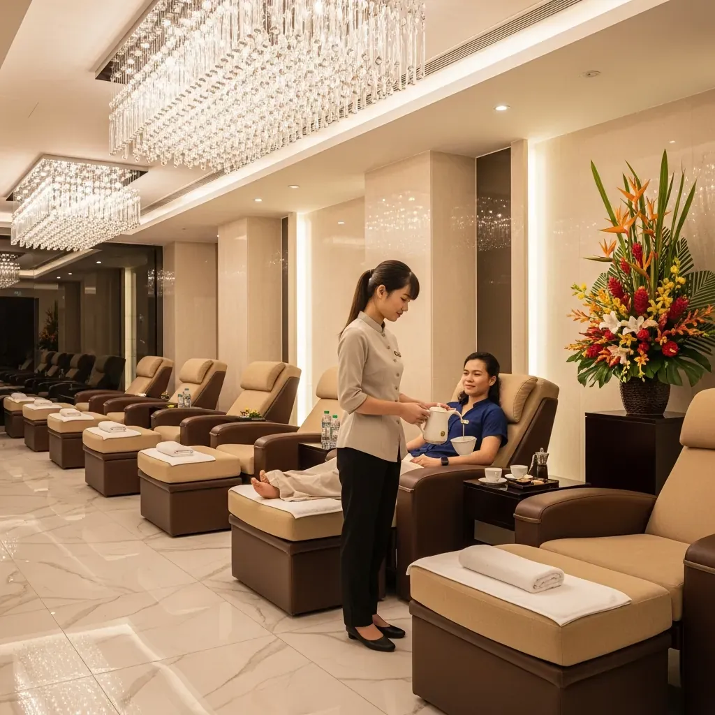 Không gian sang trọng của QueenPearl Luxury Spa với đèn chùm pha lê, ghế massage cao cấp và lễ tân mặc áo dài.