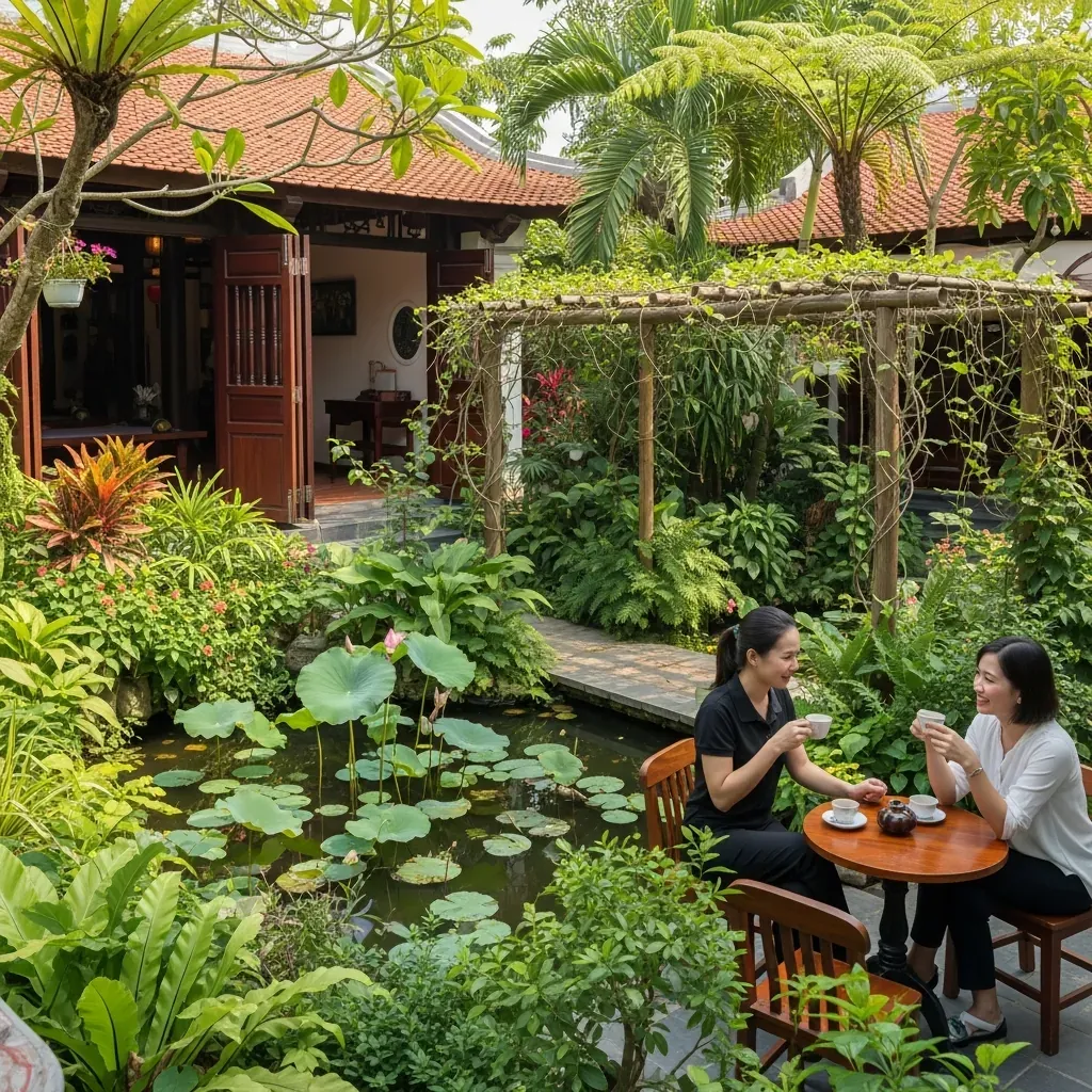 Khu vườn sân trong xanh mát của Trường Thọ Spa, những người bạn đang thư giãn bên tách trà.