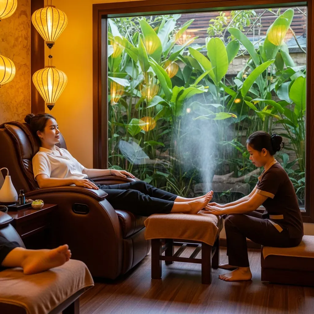 Người phụ nữ Việt Nam thư giãn trên ghế massage chân trong spa ấm cúng tại Hải Phòng, kỹ thuật viên đang nhẹ nhàng xoa bóp bàn chân.
