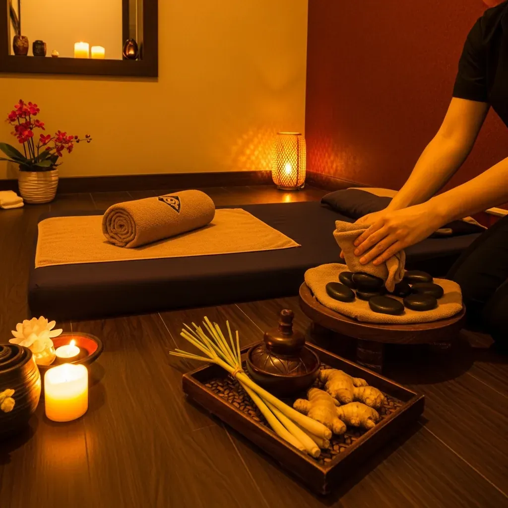 Phòng riêng tại Lavender Foot Massage với phong cách Thái, nến ấm và thảo dược tươi.