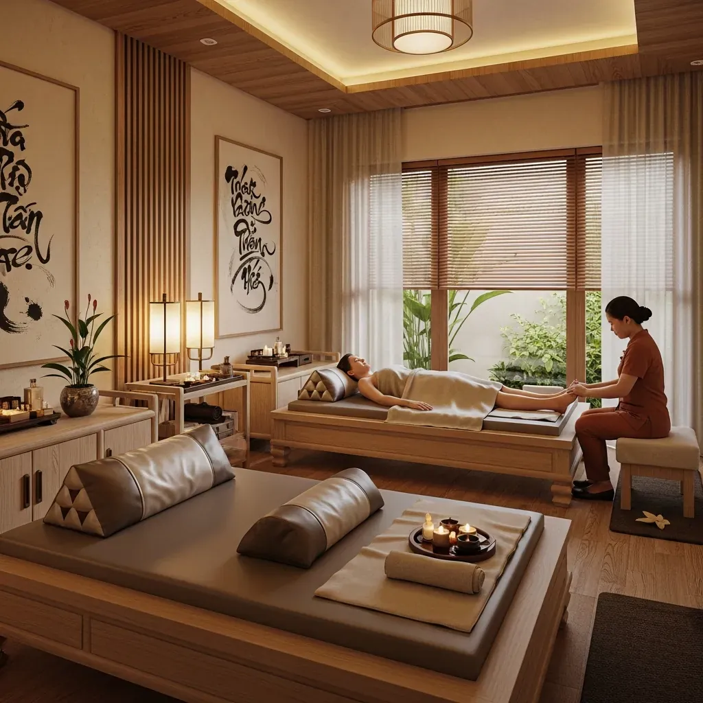 Phòng trị liệu tại Phúc Tấn Khang Spa với phong cách Đông y nhẹ nhàng, kỹ thuật viên đang bấm huyệt chân cho khách.