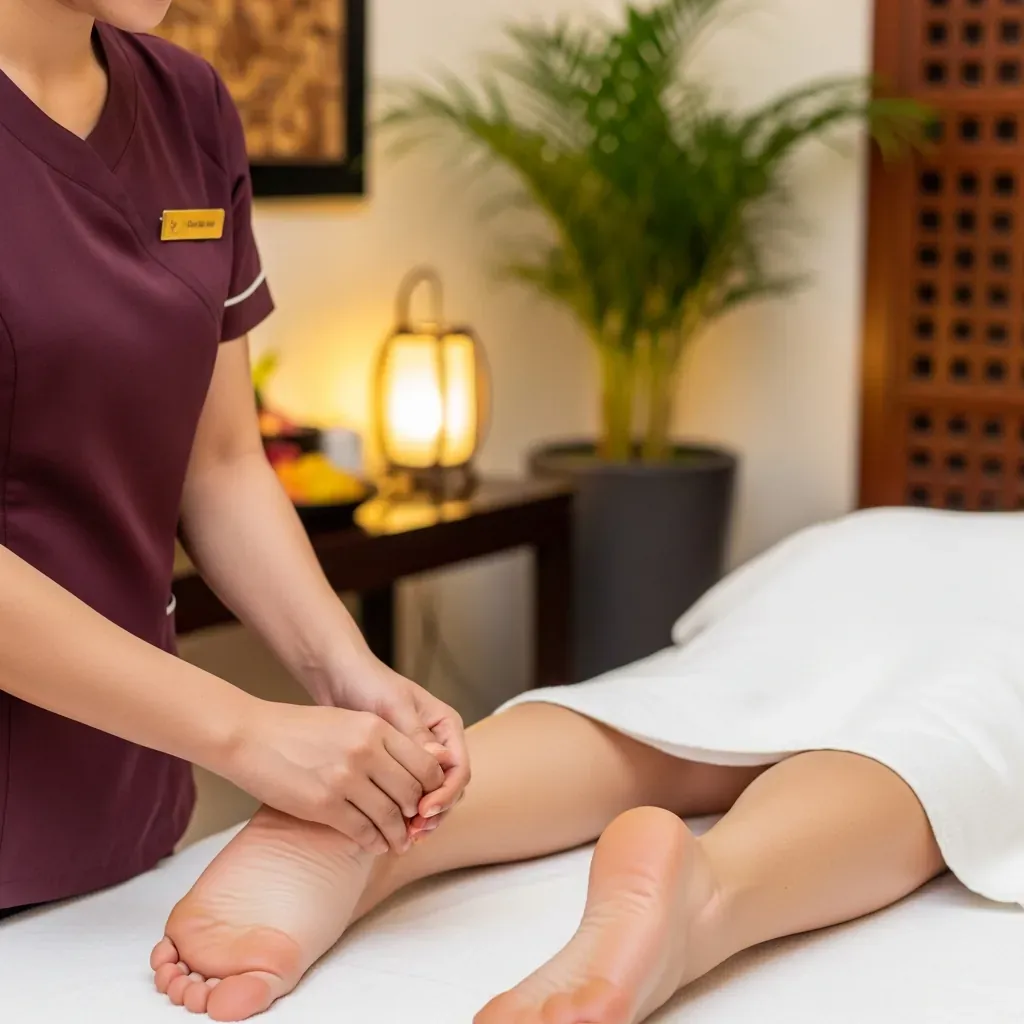 Hình ảnh cận cảnh đôi tay kỹ thuật viên massage bấm huyệt chân cho khách.