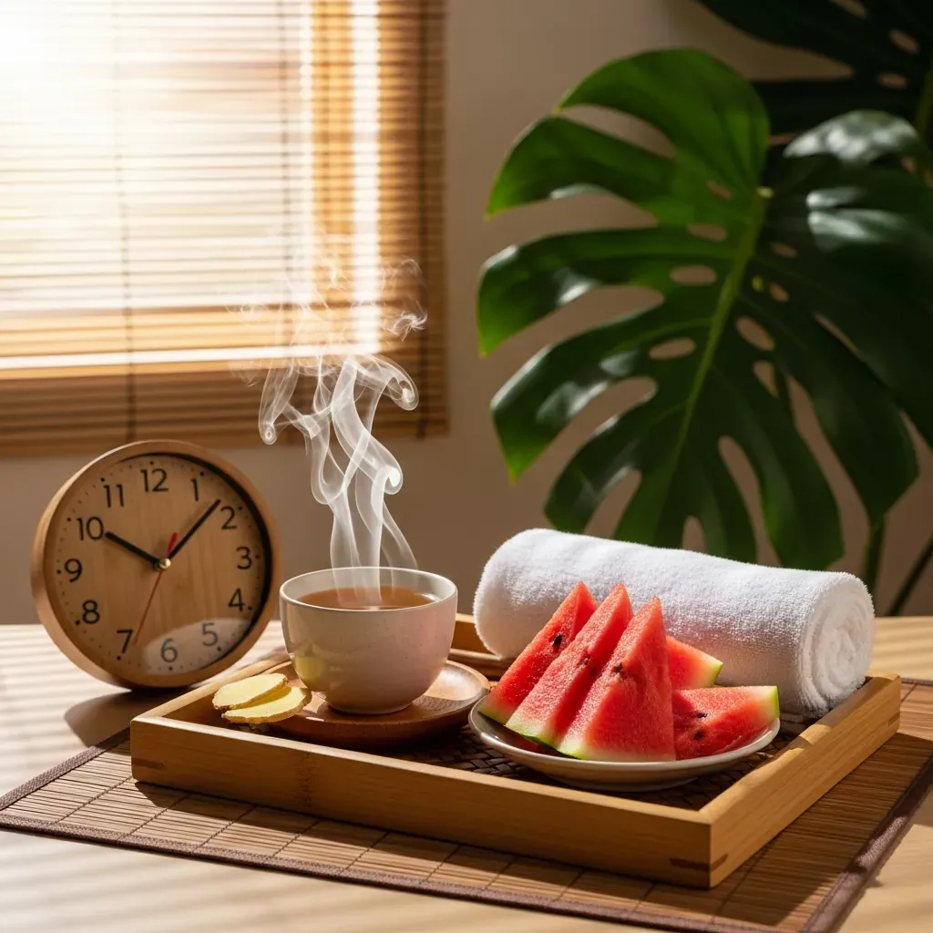 Khay trà gừng, dưa hấu và khăn, đồng hồ báo 60 phút.