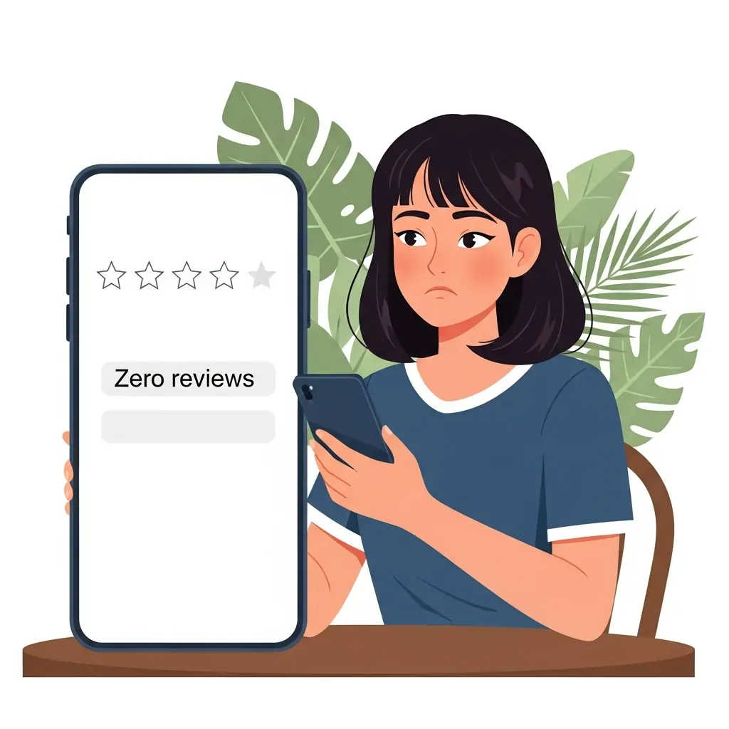 Minh họa một phụ nữ Việt Nam đang xem màn hình đánh giá trống trên điện thoại.