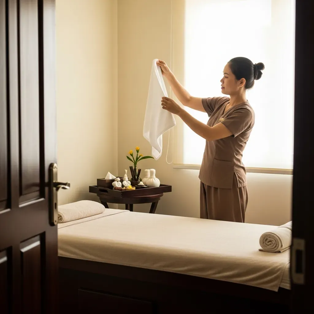 Người phụ nữ kiểm tra khăn sạch trong phòng massage.