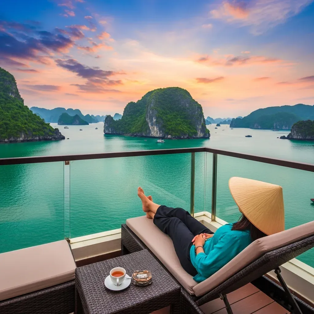 Người phụ nữ thư giãn ngắm vịnh Hạ Long sau khi massage chân.