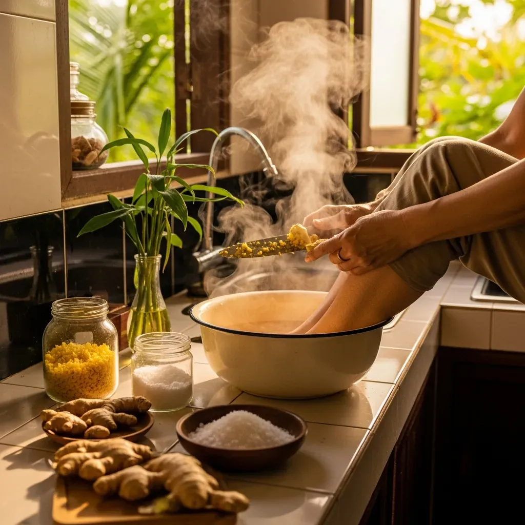 Chậu nước muối gừng ấm dùng để ngâm chân giảm nhức mỏi.