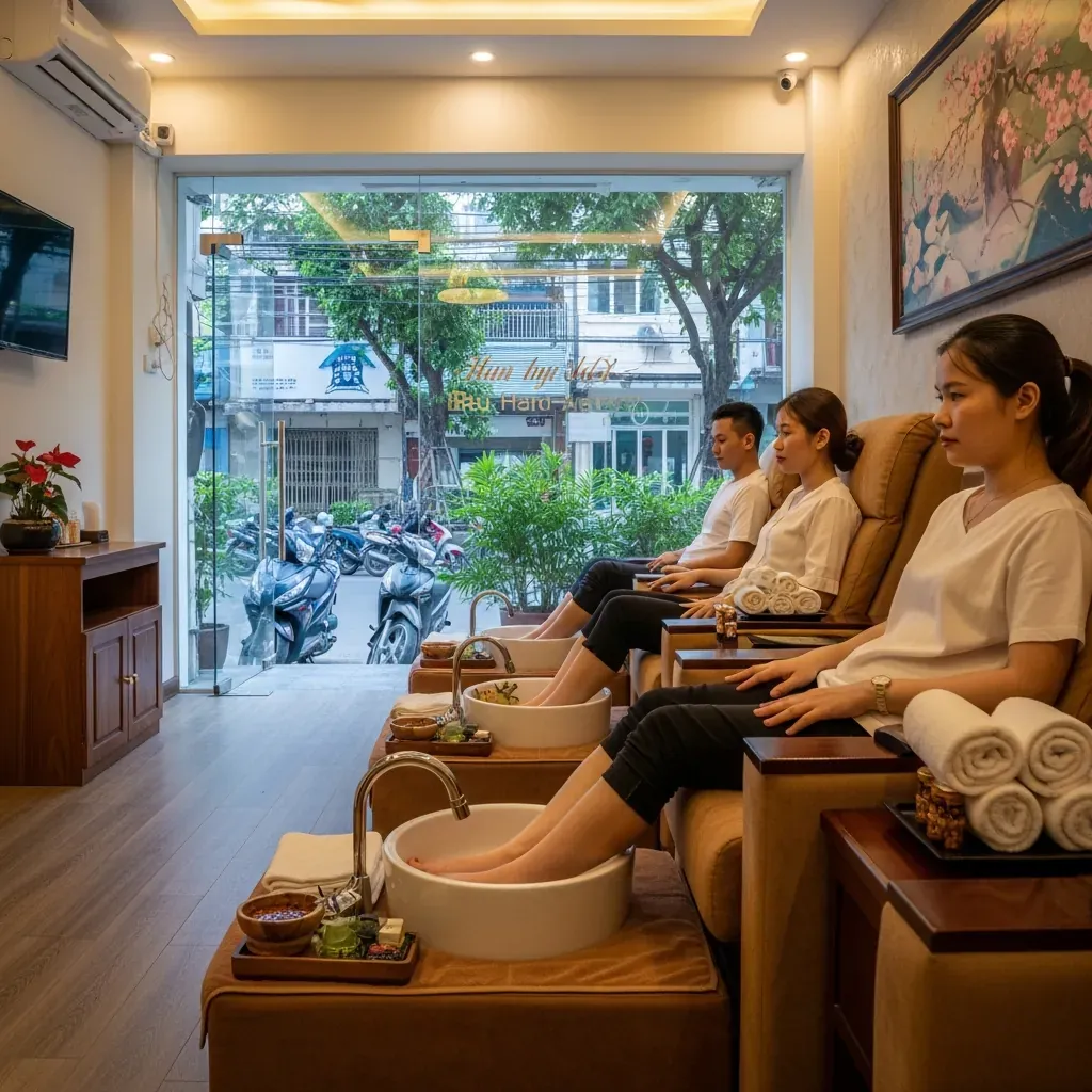 Không gian spa massage chân sạch sẽ, ấm cúng tại Quận 7 với khách Việt thư giãn sau giờ làm.