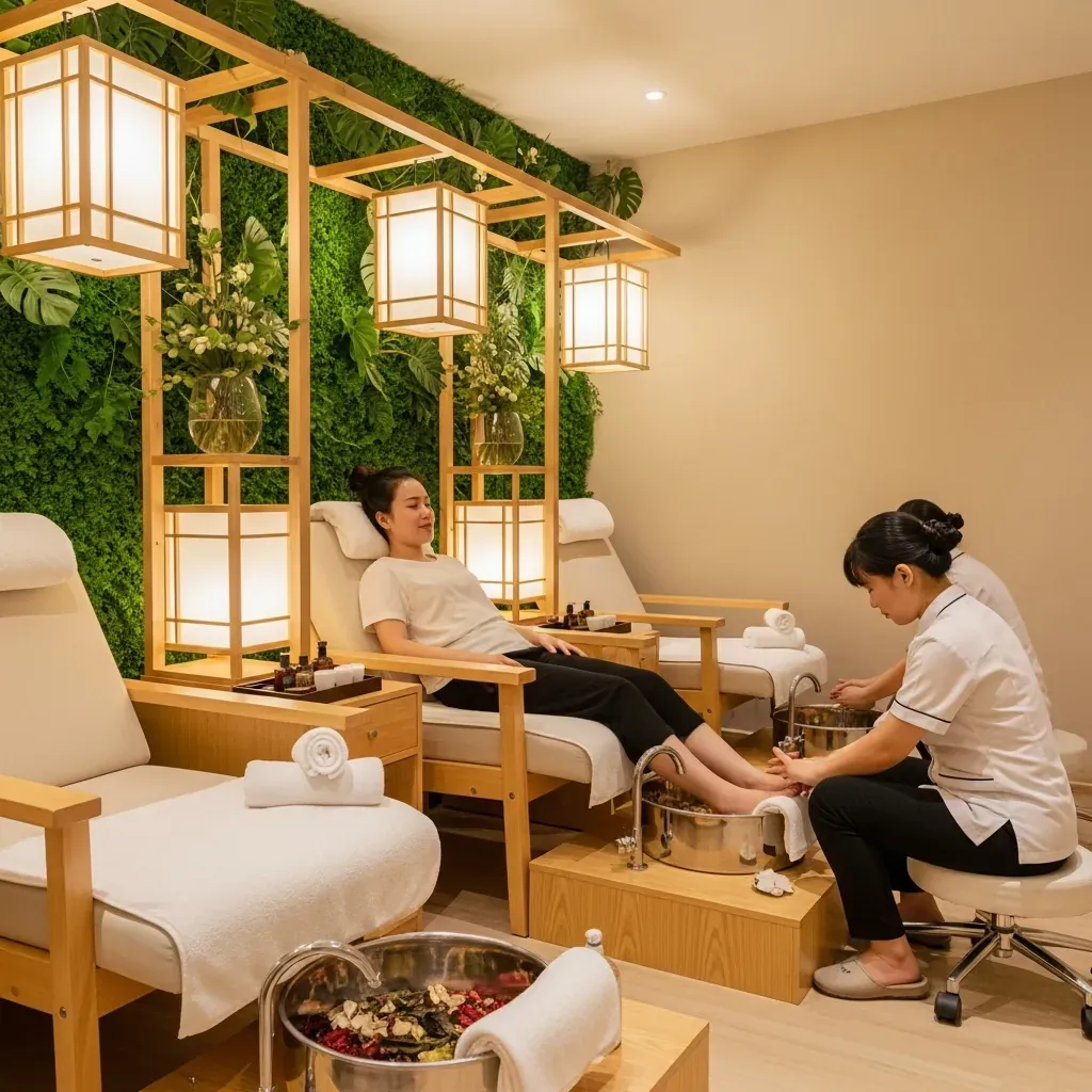 Không gian trị liệu chân phong cách Nhật với nội thất gỗ sáng và ánh sáng dịu.